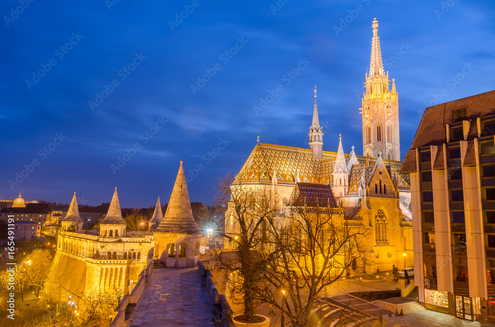 Matthias Church, a famous landmark in Budapest, Hungary by night