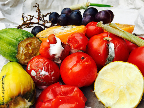 Verschimmelte Tomaten und Obst auf grauem Papier photo