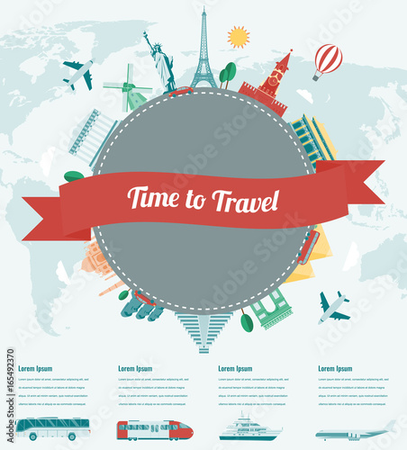 Travel composition with famous world landmarks. Travel and Tourism with transportation infographics. Vector