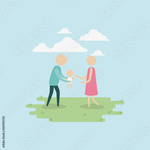 color background sky landscape and grass with silhouette set pictogram man carrying a baby and woman vector illustration