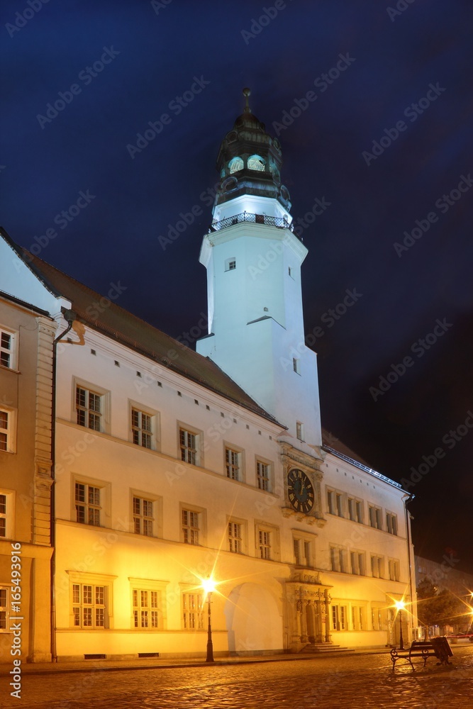City hall in Luban Poland at nigh