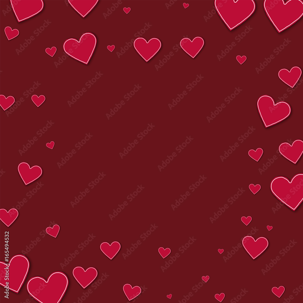 Cutout red paper hearts. Square scattered frame on wine red background. Vector illustration.