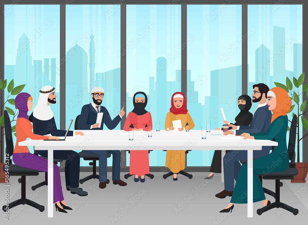 Arab business people discussing meeting modern office desk. Muslim conference flat cartoon vector Illustration. - obrazy, fototapety, plakaty 