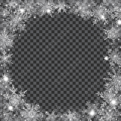 Christmas background with frame of translucent snowflakes. Transparency only in vector file