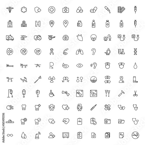 100 medical icons set on white background