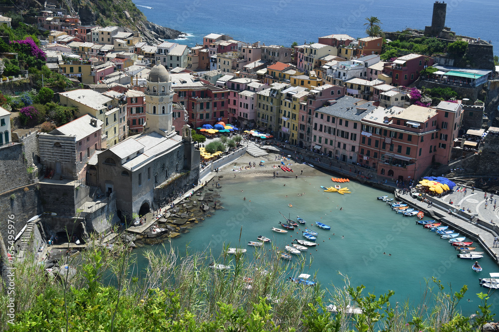panoramic view of Vernazza coming from Monterosso on the Cinque Terre trail, Italy