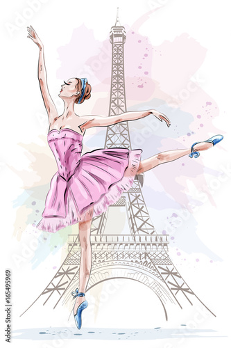 Beautiful ballerina posing and dancing on eiffel tower background. Hand drawn girl. Ballet dancer. Sketch. Vector illustration.