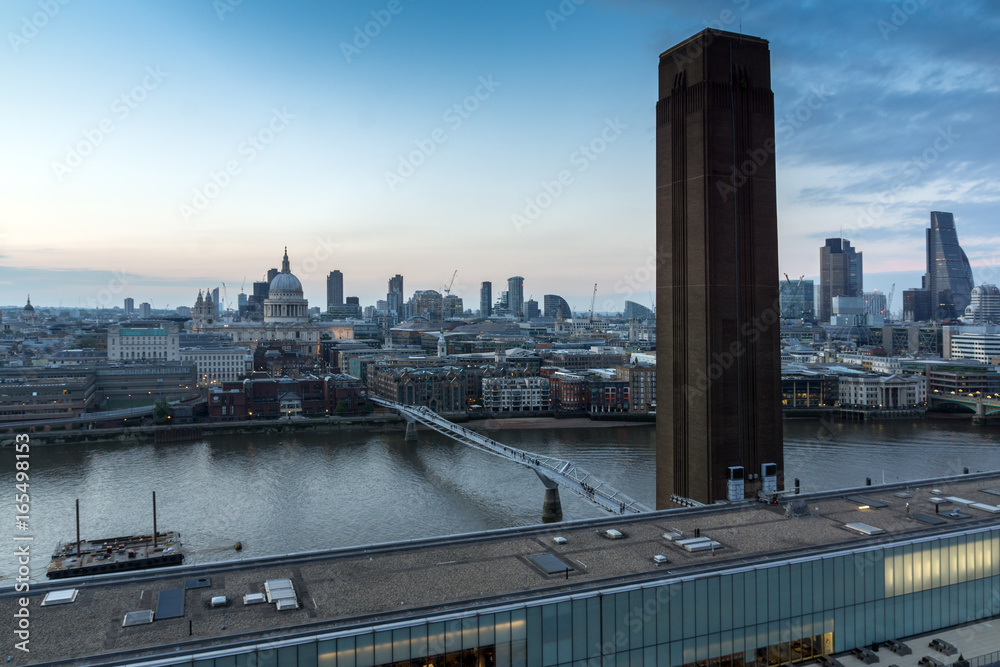 Amazing Sunset panorama from Tate modern Gallery to city of London, England, Great Britain