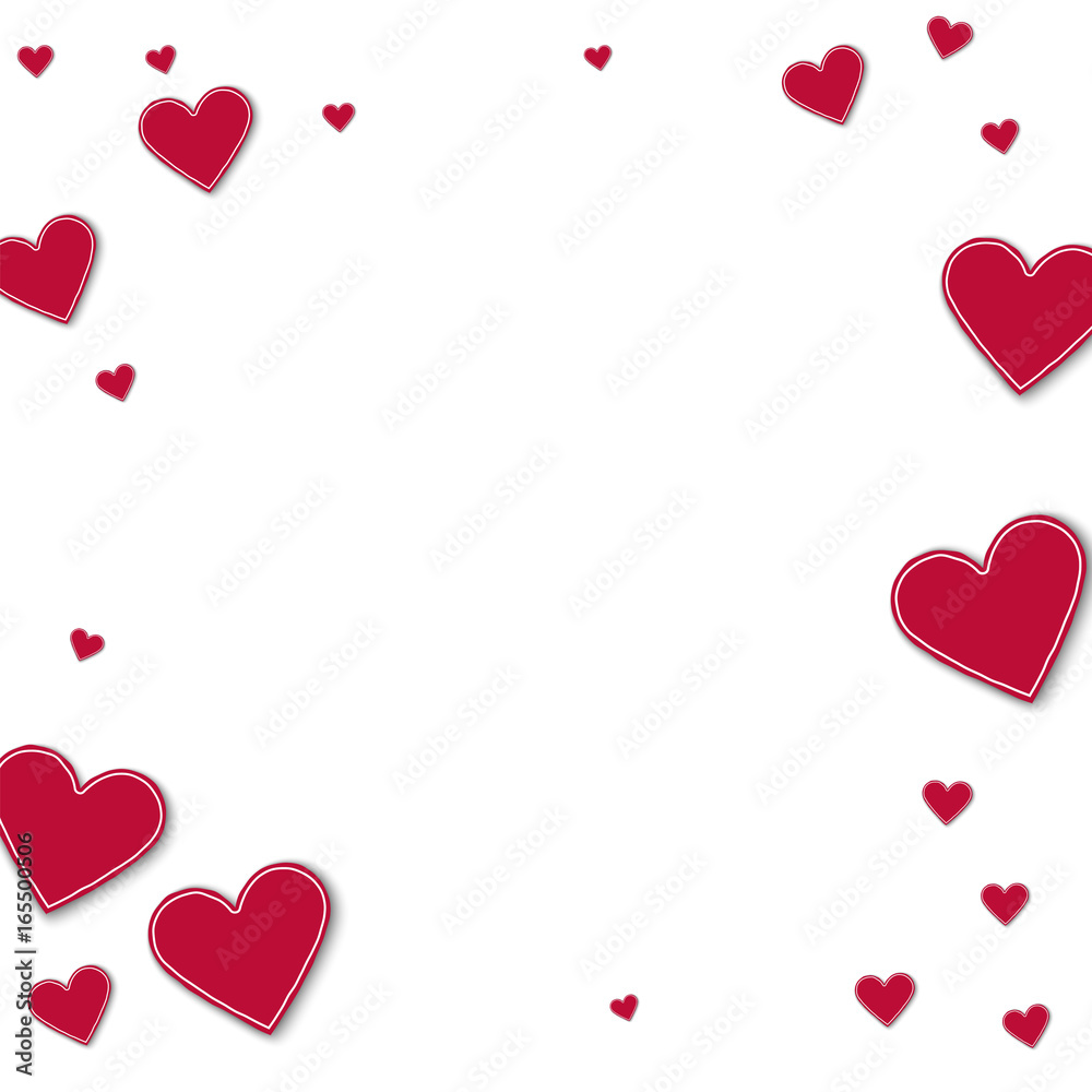 Random red paper hearts. Bordered frame on white background. Vector illustration.