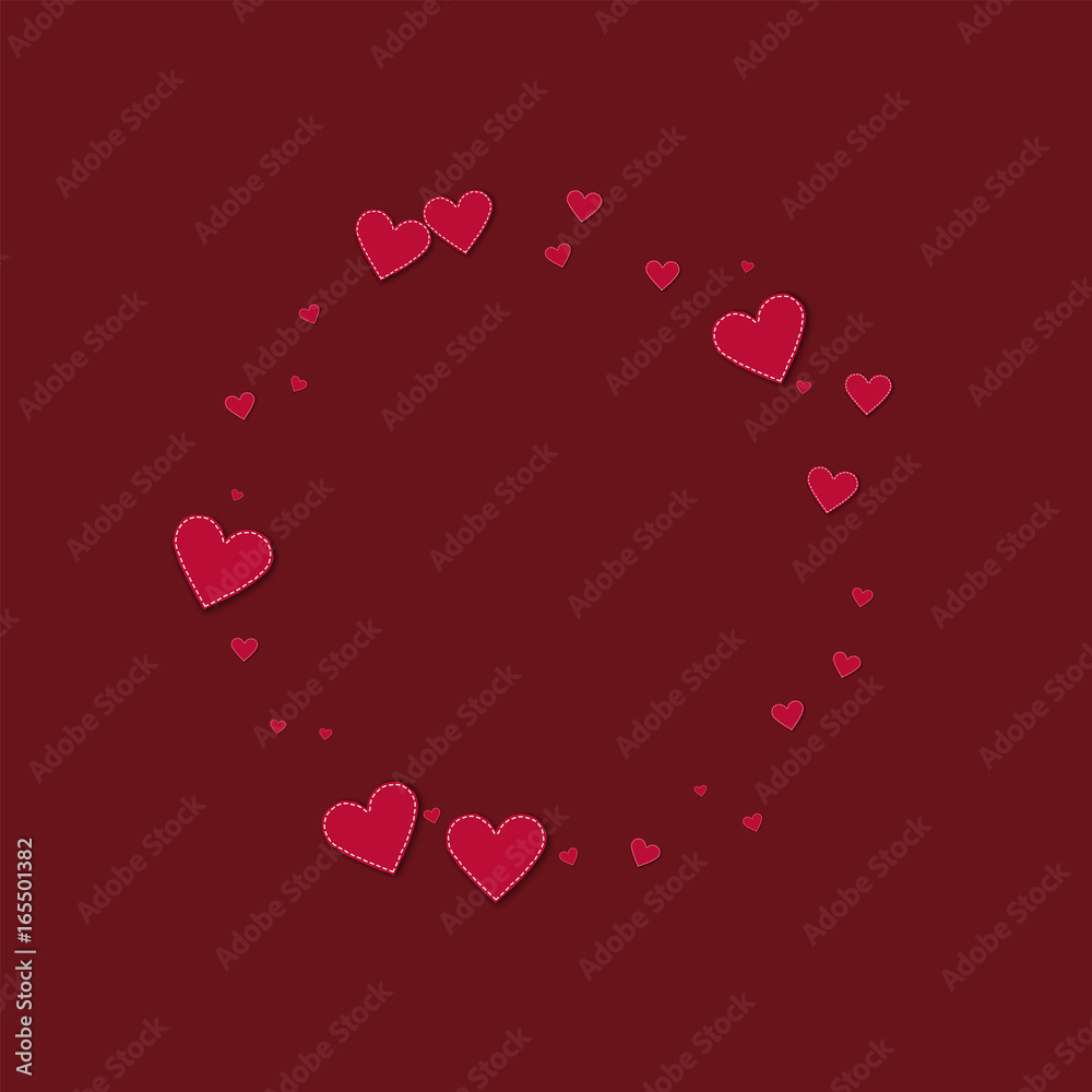 Red stitched paper hearts. Small round shape on wine red background. Vector illustration.
