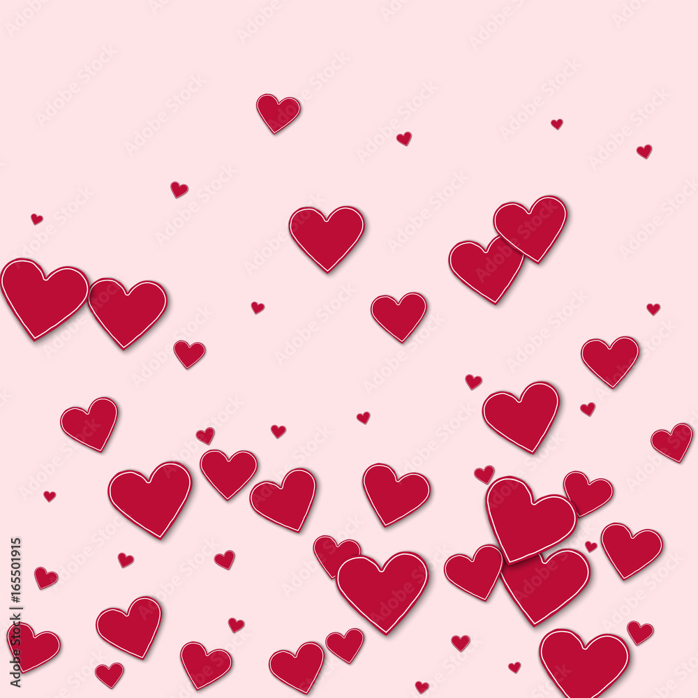 Cutout red paper hearts. Bottom gradient on light pink background. Vector illustration.