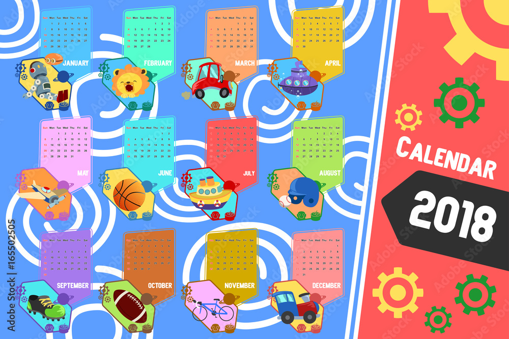 2018 Calendar in Cartoon Style 2018 Calendar in Cartoon Style