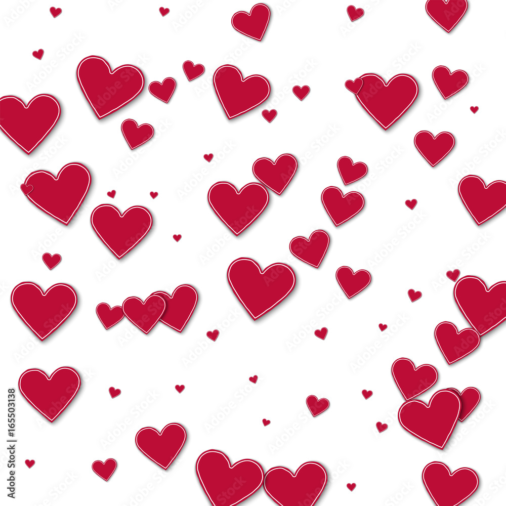 Cutout red paper hearts. Chaotic scatter lines on white background. Vector illustration.