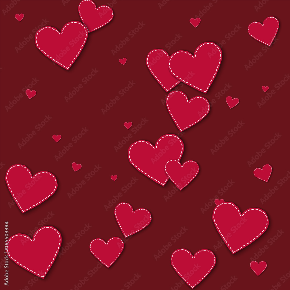 Red stitched paper hearts. Scatter vertical lines on wine red background. Vector illustration.