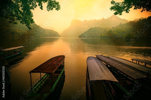 Ba Be lake, Bac Kan province, Vietnam - April 4, 2017 : tourists on the boat are going to enjoy and explore Ba Be lake. Stunning scenery of Ba Be Lake in Bac Kan Province, Vietnam