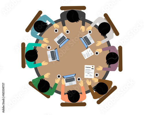 Top view people  work group brainstorming, startup. Flat vector illustration.