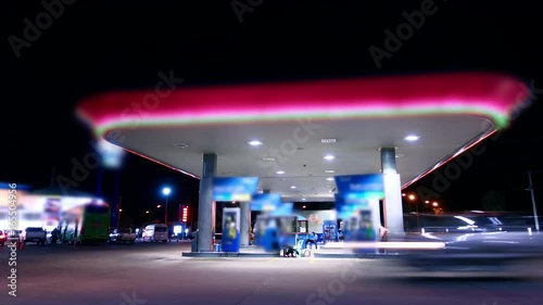 gas station service night scene time lapse shot