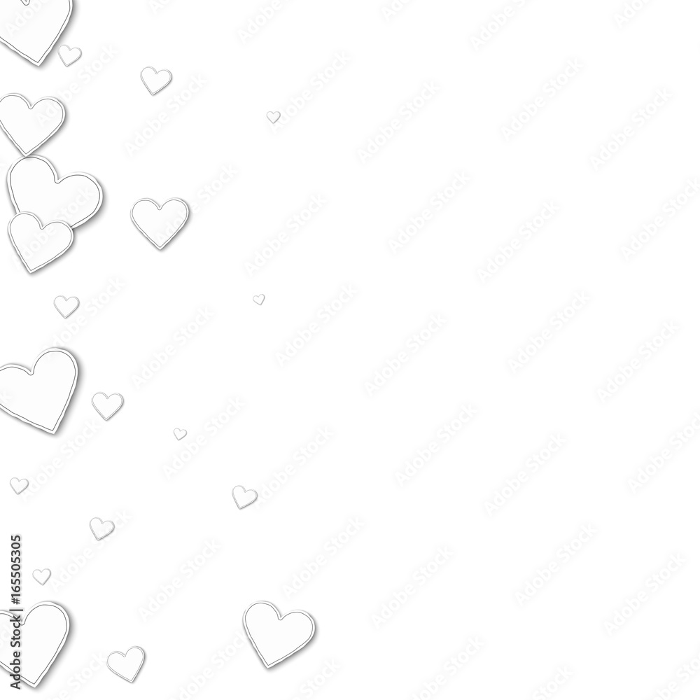 Cutout paper hearts. Scatter left gradient on white background. Vector illustration.