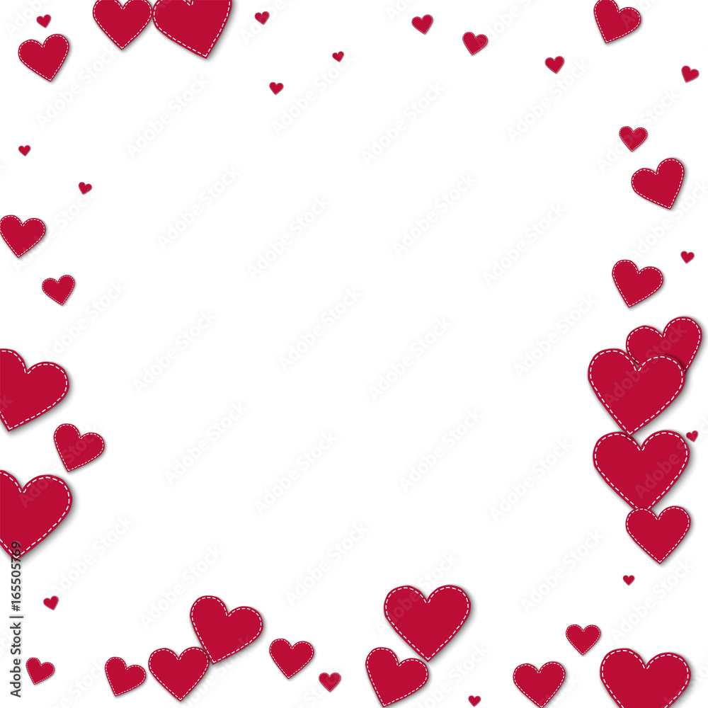 Red stitched paper hearts. Chaotic border on white background. Vector illustration.