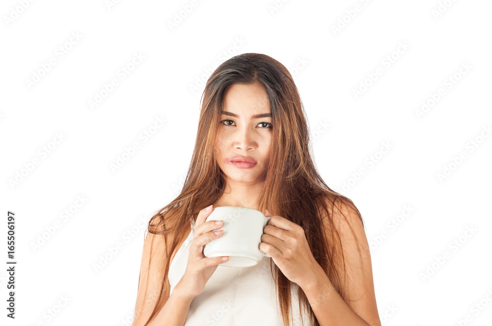 Portrait of sad asian woman with white cup of tea or coffee. Morning depression and out of energy concept Portrait of sad asian woman with white cup of tea or coffee. Morning depression and out of energy concept