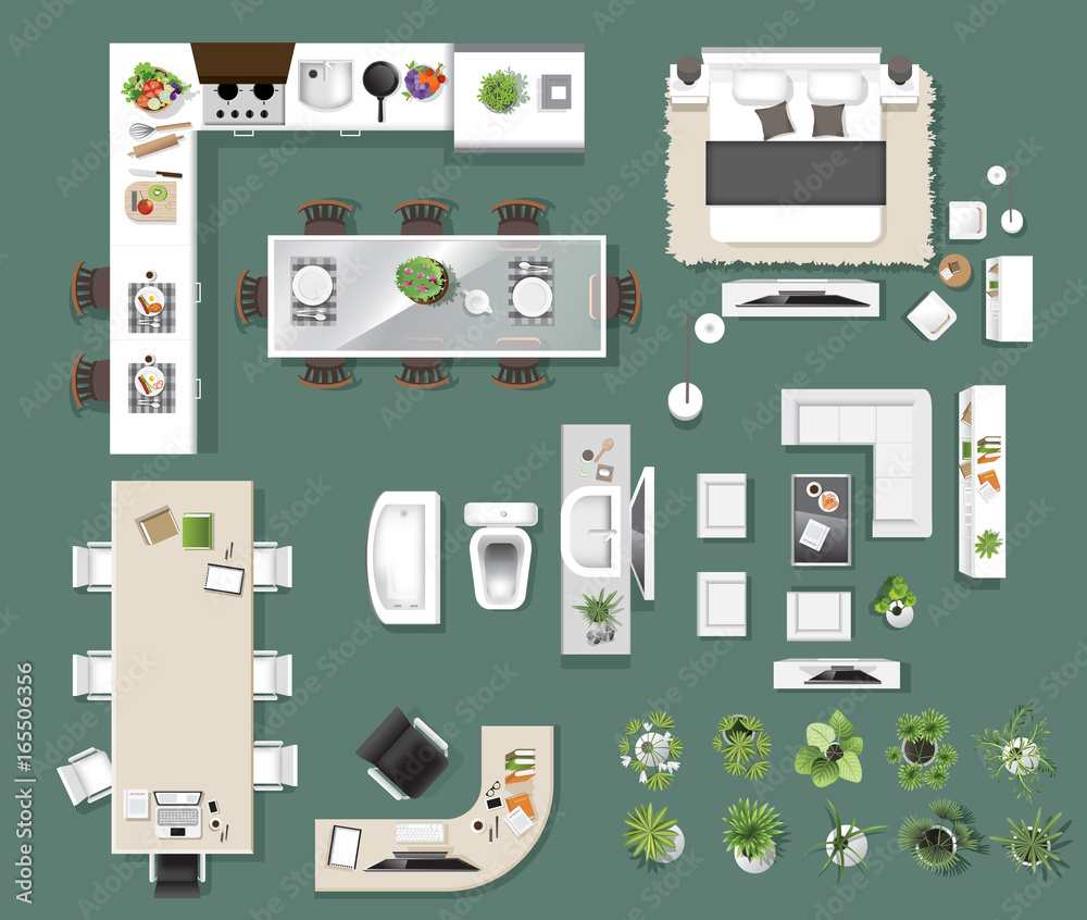 Interior icons top view, tree ,furniture, bed,sofa, armchair, for
