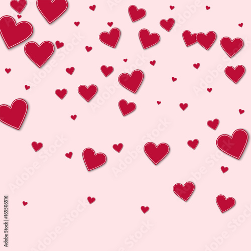 Cutout red paper hearts. Top gradient on light pink background. Vector illustration.