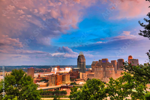 The Cincinnati, Ohio skyline downtown along the Ohio River.