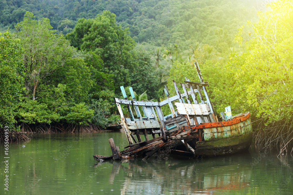 Old Sink fishing boat dock dead along mangrove canal river forest jungle