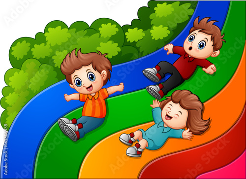 Cartoon kids sliding down