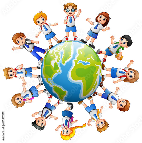 Children around the earth isolated on white background