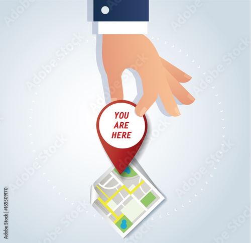 hand holding pin icon on map, red locatin icon vector illustrations photo