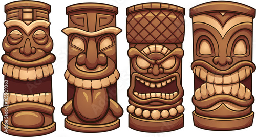 Cartoon tiki totems. Vector clip art illustration with simple gradients. Each on a separate layer. 