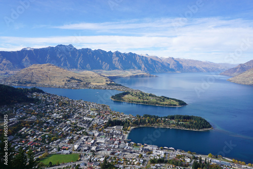 Aerial view of the city and beautiful lake from Bob' peak in Queenstown, New Zealand
