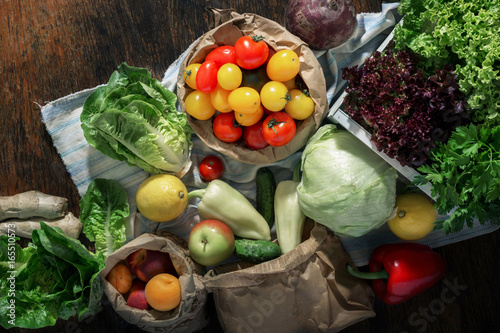 Set of healthy food on rustic wooden background