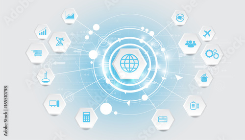 Abstract technology circuit diagram vector background with business icons.