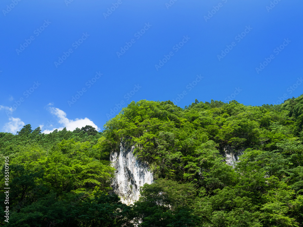 Obraz premium 新緑の山と空 奥多摩町