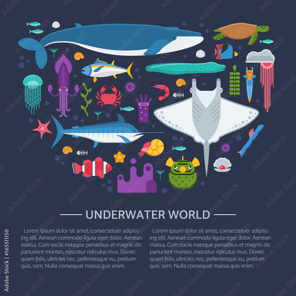 Sea animals and fishes concept banner stylized in circle. Ocean and ...