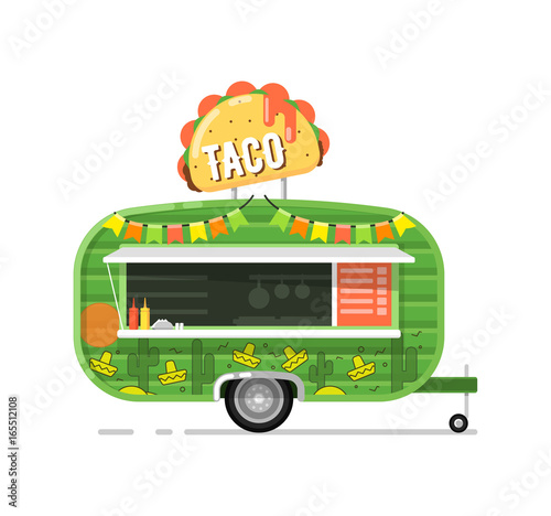 Taco outdoor cafe service icon. Street fast food truck, takeaway restaurant, urban catering, market in street isolated vector illustration in flat style.