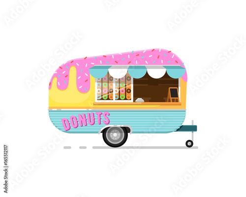 Donuts outdoor cafe service icon. Street fast food truck, takeaway restaurant, urban catering, market in street isolated vector illustration in flat style.