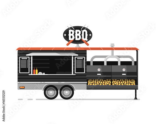 Bbq outdoor cafe service icon. Street fast food truck, takeaway restaurant, urban catering, market in street isolated vector illustration in flat style.