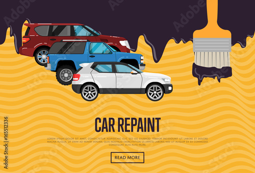 Car repainting business concept with city cars. Auto business advertising, automobile painting, car renewal and dyeing company, professional auto repair service vector illustration.