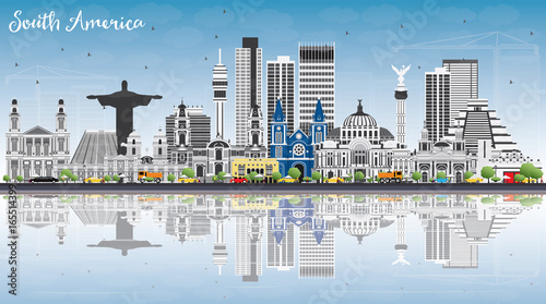 South America Skyline with Famous Landmarks and Reflections.