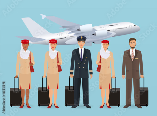 Muslim pilot and stewardesses characters in uniform standing on flying aircraft background. Aviation employee concept.