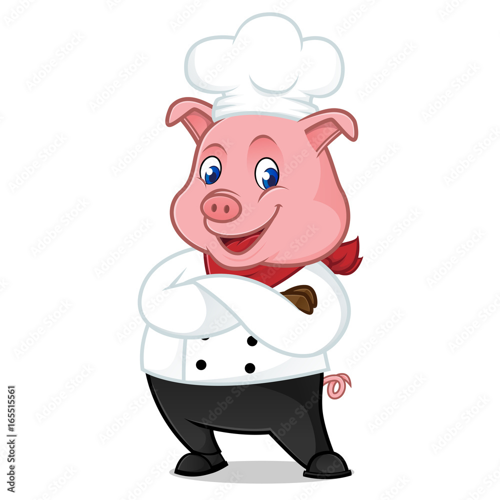 Chef pig cartoon mascot folding hands Chef pig cartoon mascot folding hands