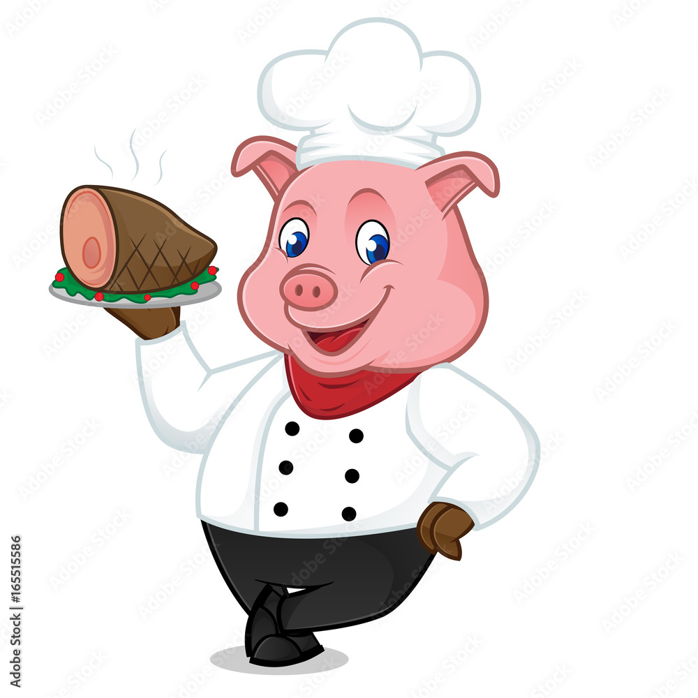 Chef pig cartoon mascot serving pork on tray and leaning Chef pig cartoon mascot serving pork on tray and leaning