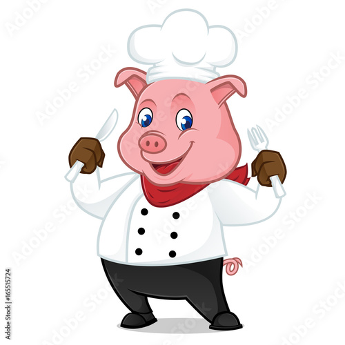 Chef pig cartoon mascot holding fork and knife