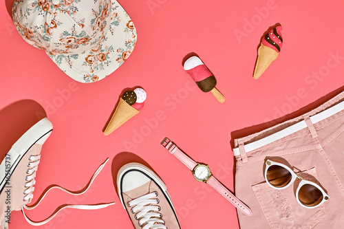 Summer Hipster Girl Accessories Set. Fashion Design. Hot Summer Sunny Vibes. Trendy Sneakers, fashion Sunglasses, Cap and Ice Cream. Creative Bright Sweet Style. Vanilla Pink Pastel Color.Minimal, Art