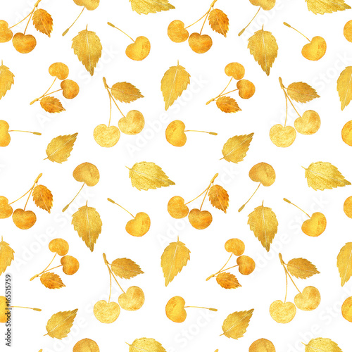 Seamless pattern with beautiful golden cherries and leaves on white background. Watercolor painting