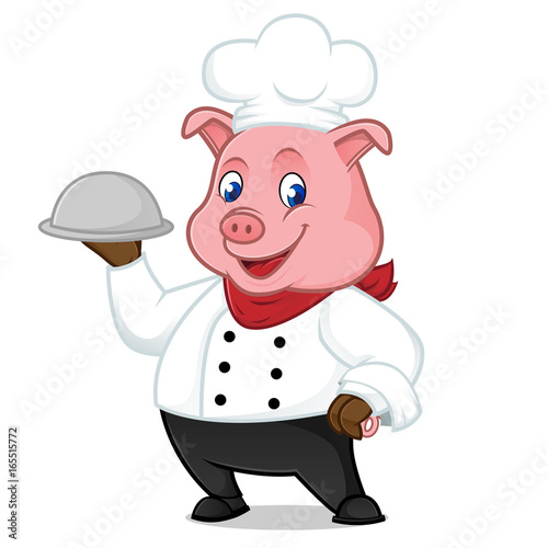 Chef pig cartoon mascot holding food tray