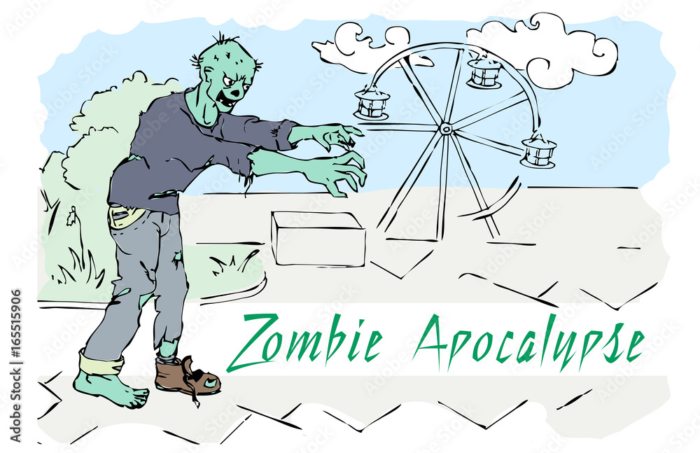 Fototapeta premium Zombie apocalypse illustration art. Destroyed city.